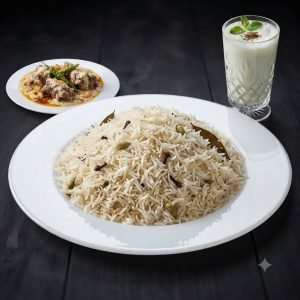 প্লেইন পোলাও, খাসির রেজালা ও বোরহানী