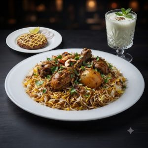চিকেন দম বিরিয়ানি, বাদাম শরবত ও জালি কাবাব