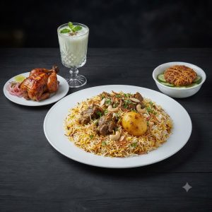 বাসমতি কাচ্চি, মুরগির রোস্ট, বোরহানী ও জালি কাবাব
