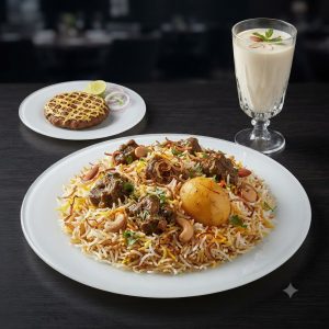 বাসমতি কাচ্চি, বাদাম শরবত ও জালি কাবাব